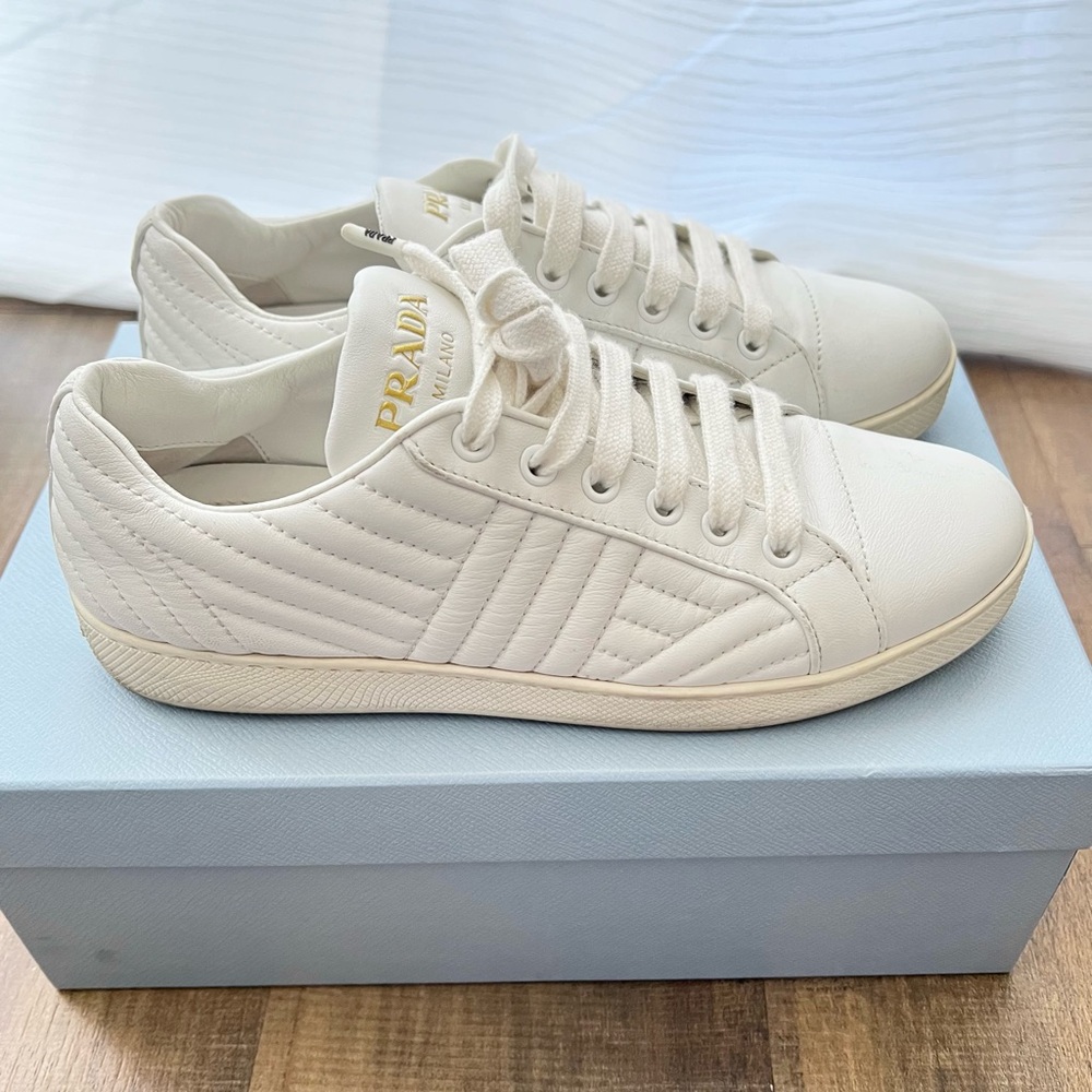 Prada Women's White Leather Diagramme Sneaker 1E254L US 6.5 / 36.5
